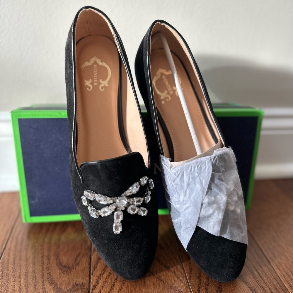 Women’s Black Flat Loafers with Crystal Bow Detail